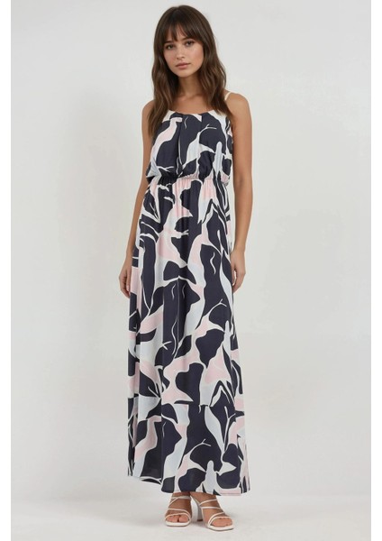 Kadın Kare Yaka Desenli Maxi Elbise Multicolor