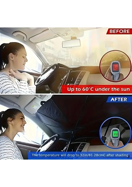 Araç Ön Cam Güneşlik Şemsiyesi, Katlanabilir Oto Ön Cam Güneşlik – Şemsiye Tasarım, Uv Koruyucu, Taşıma Çantalı, 140X79 cm