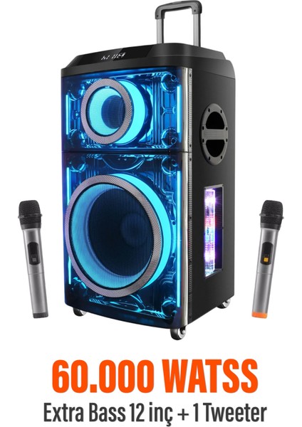 12"+1 Tweeter/equalizer Profosyonel Bluetooth Hoparlör 60000WATTS Speaker Çift Mikrofonlu Derin Bass