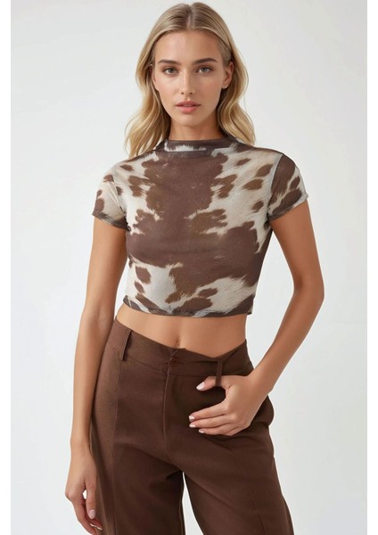 Kadın Baskılı Slim Fit Bisiklet Yaka Crop Top Çok Renkli