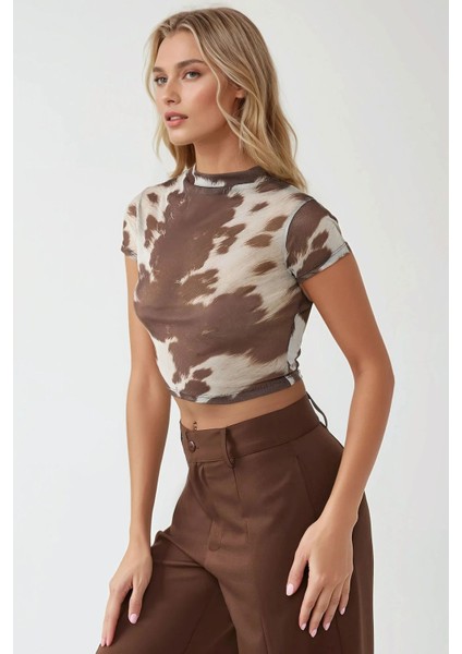 Kadın Baskılı Slim Fit Bisiklet Yaka Crop Top Çok Renkli modelleri