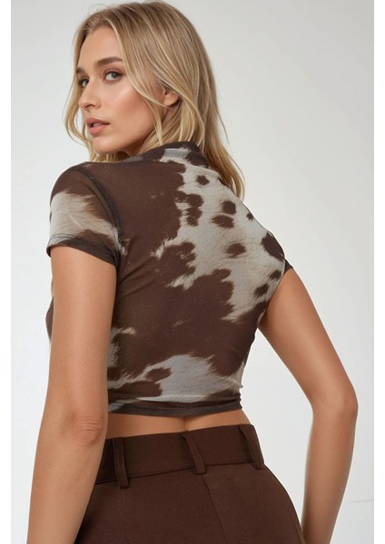 Kadın Baskılı Slim Fit Bisiklet Yaka Crop Top Çok Renkli indirimleri