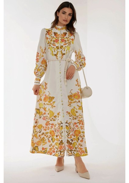 Kadın Baskılı Uzun Kol Kuşaklı Modest Elbise Çok Renkli