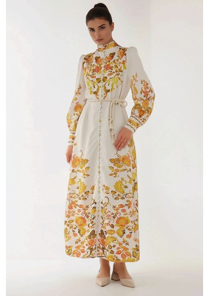 Kadın Baskılı Uzun Kol Kuşaklı Modest Elbise Çok Renkli fırsatları