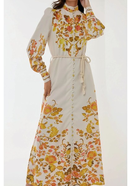 Kadın Baskılı Uzun Kol Kuşaklı Modest Elbise Çok Renkli indirimleri