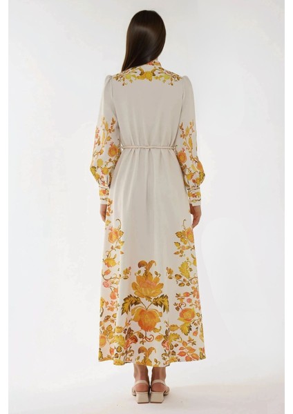 Kadın Baskılı Uzun Kol Kuşaklı Modest Elbise Çok Renkli