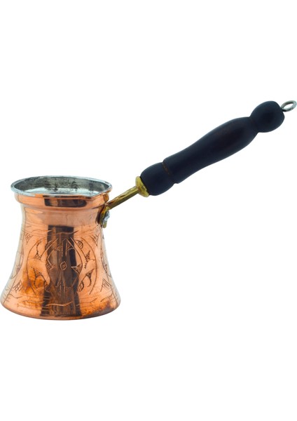Otantik Işlemeli Ahşap Saplı El Yapımı Eskitme Bakır Cezve M2 Kahve Cezvesi