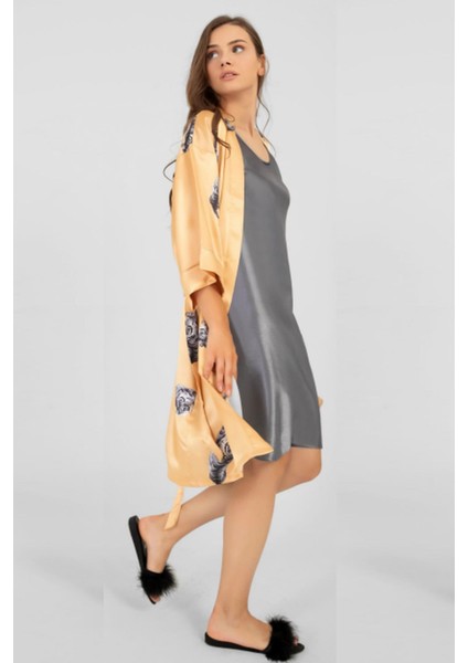 3084 Kadın Saten Ip Askılı Gecelik Sabahlık Takım-Gri