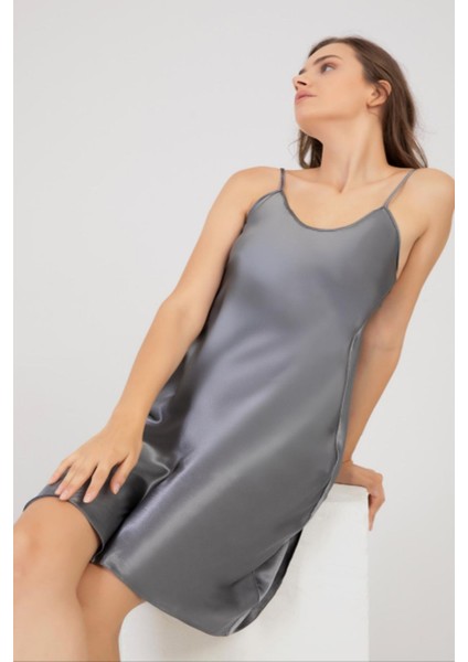 3084 Kadın Saten Ip Askılı Gecelik Sabahlık Takım-Gri fiyatları