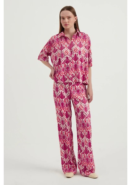 Kadın Saten Geometrik Yüksek Bel Boho Pantolon Multicolor