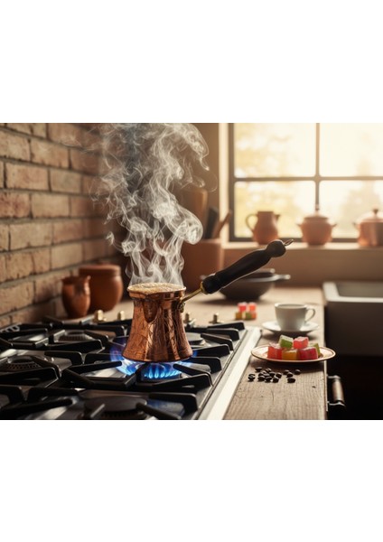 Otantik Işlemeli Ahşap Saplı El Yapımı Eskitme Bakır Cezve M2 Kahve Cezvesi