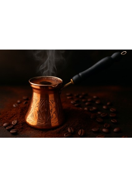 Otantik Işlemeli Ahşap Saplı El Yapımı Eskitme Bakır Cezve M2 Kahve Cezvesi
