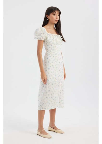 Kadın Yan Yırtmaçlı Çiçek Desenli Kare Yaka Puf Kollu Midi Elbise Çok Renkli modelleri