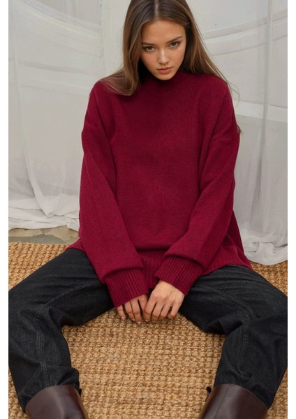Kadın Rahat Bisiklet Yaka Triko Kazak Bordo Kırmızı