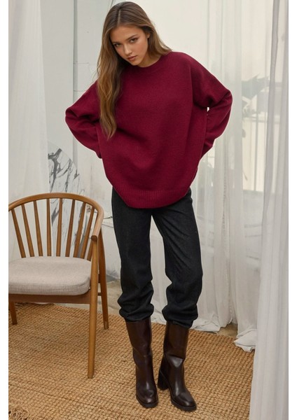 Kadın Rahat Bisiklet Yaka Triko Kazak Bordo Kırmızı fiyatları