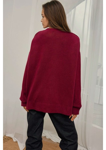 Kadın Rahat Bisiklet Yaka Triko Kazak Bordo Kırmızı modelleri
