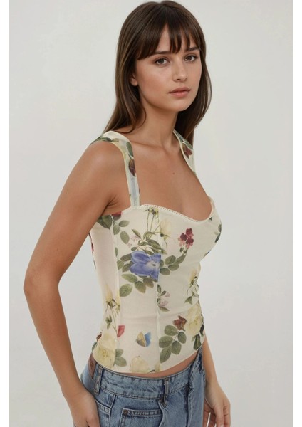 Kadın Kalp Yaka Arkası Gipeli Askılı Tül Bluz Çok Renkli