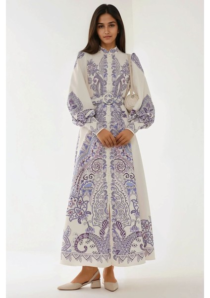 Kadın Baskılı Uzun Kol Kemerli Modest Elbise Çok Renkli
