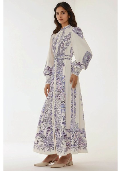 Kadın Baskılı Uzun Kol Kemerli Modest Elbise Çok Renkli fırsatları