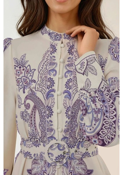 Kadın Baskılı Uzun Kol Kemerli Modest Elbise Çok Renkli indirimleri