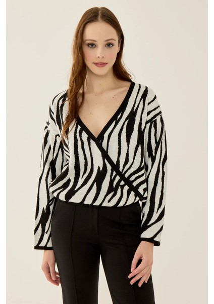Kadın Zebra Desenli V Yaka Kazak Çok Renkli