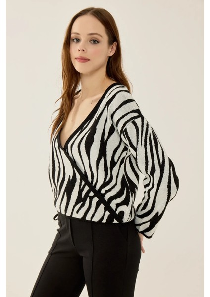 Kadın Zebra Desenli V Yaka Kazak Çok Renkli modelleri