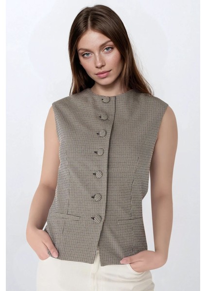 Kadın Kareli Desenli Bisiklet Yaka Yelek Multicolor