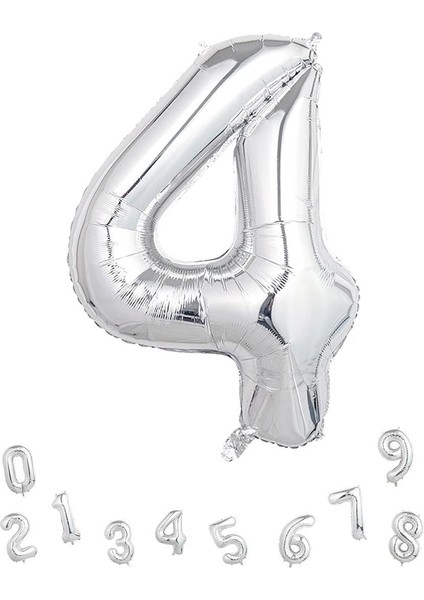 Rakam Folyo Balon 4 Gümüş Renk 80 cm - 32"