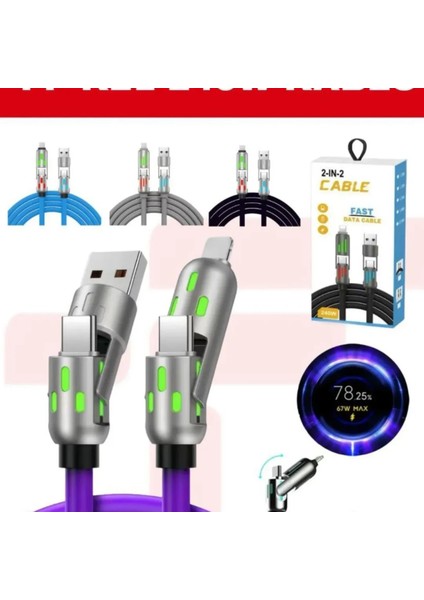 240W 4'ü 1 Arada Type-C / Usb-A / Lightning Mor Silikon Şarj ve Data Kablosu