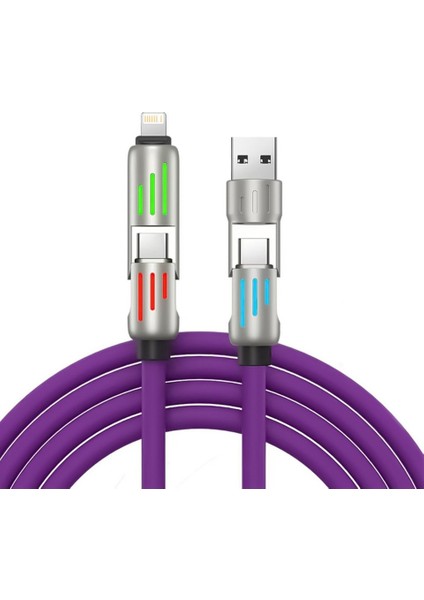 240W 4'ü 1 Arada Type-C / Usb-A / Lightning Mor Silikon Şarj ve Data Kablosu modelleri