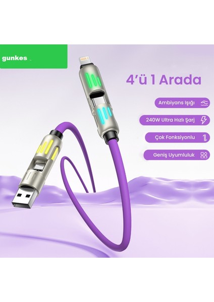 240W 4'ü 1 Arada Type-C / Usb-A / Lightning Mor Silikon Şarj ve Data Kablosu fırsatları