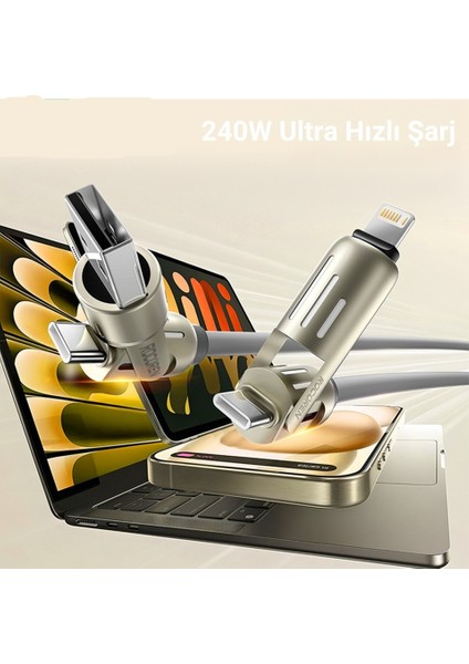 240W 4'ü 1 Arada Type-C / Usb-A / Lightning Mor Silikon Şarj ve Data Kablosu