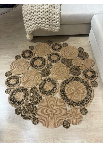 Harmony Jüt Doğal Hasır Kilim Bej Geometrik Bohem Yuvarlak El Örmesi Halı