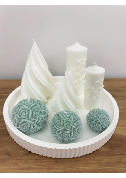 Dekoratif Mum Seti – 7 Parça Gül Sütun Motifli Kalem Mum ve Spiral Mumlar Tepsi Üzerinde fırsatları