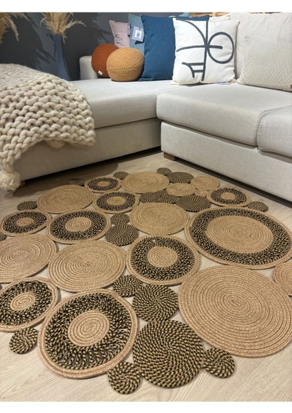 Harmony Jüt Doğal Hasır Kilim Bej Geometrik Bohem Yuvarlak El Örmesi Halı fiyatları