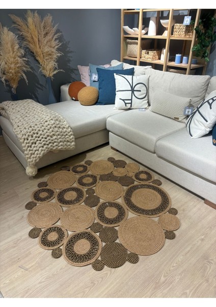 Harmony Jüt Doğal Hasır Kilim Bej Geometrik Bohem Yuvarlak El Örmesi Halı modelleri