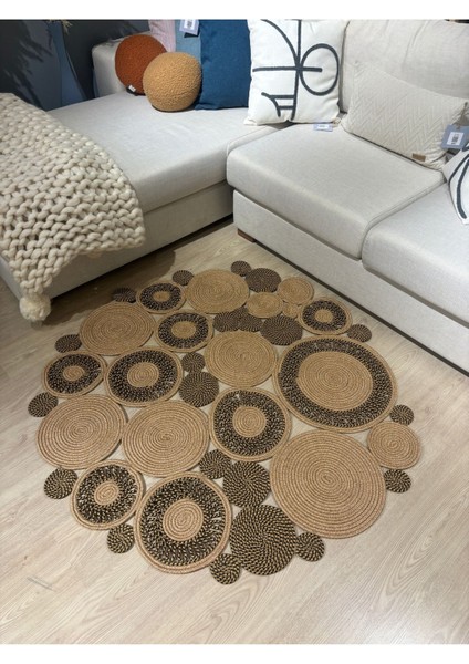 Harmony Jüt Doğal Hasır Kilim Bej Geometrik Bohem Yuvarlak El Örmesi Halı fırsatları