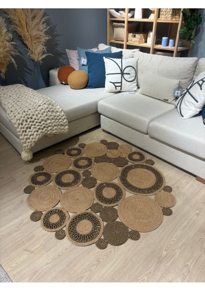 Harmony Jüt Doğal Hasır Kilim Bej Geometrik Bohem Yuvarlak El Örmesi Halı indirimleri