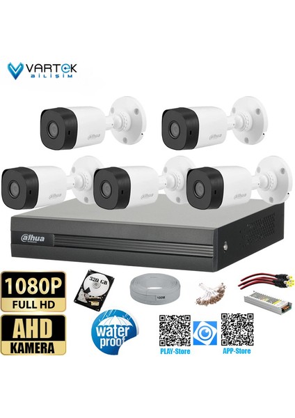 5 Kameralı 2mp Bullet 3.6mm 30M Gece Görüşlü Full Hd Güvenlik Kamera Seti