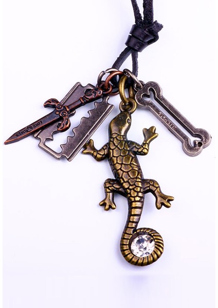 K8 Gecko Kertenkele Jilet Kemik Kılıç Figürlü Ayarlanabilir Deri Ipli Kolye