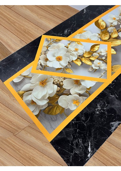 Lüks Sofra Takımı – 3D Çiçek ve Altın Yaprak Desenli Runner & Supla Takımı modelleri