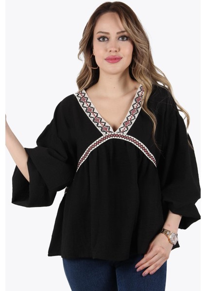 1335 Yalı Çapkını Kilim Desen Şeritli Balon Kol Bluz modelleri