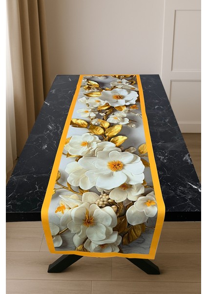 Lüks Sofra Takımı – 3D Çiçek ve Altın Yaprak Desenli Runner & Supla Takımı fırsatları