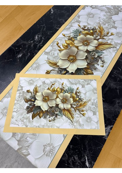 Magnolia Gold – 3D Çiçek Desenli Masa Runner & 4’lü Supla Takımı fırsatları