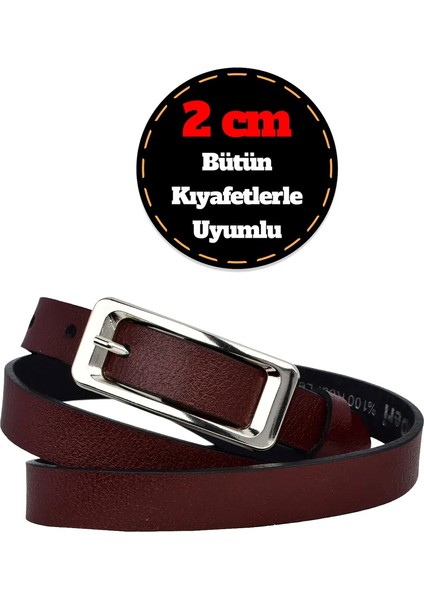 %100 Hakiki Deri, Gümüş Tokalı Ince 2 cm Bordo Kadın Kemeri; Elbise Kemeri, Pantolon Kemeri_dikd