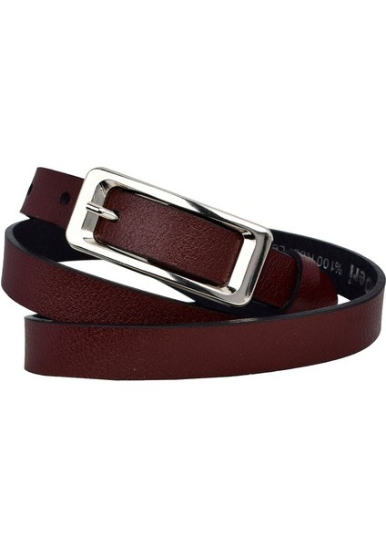 %100 Hakiki Deri, Gümüş Tokalı Ince 2 cm Bordo Kadın Kemeri; Elbise Kemeri, Pantolon Kemeri_dikd