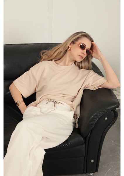 Sıfır Yaka Oversize Iki Iplik Tişört-Bej