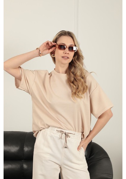 Sıfır Yaka Oversize Iki Iplik Tişört-Bej fiyatları