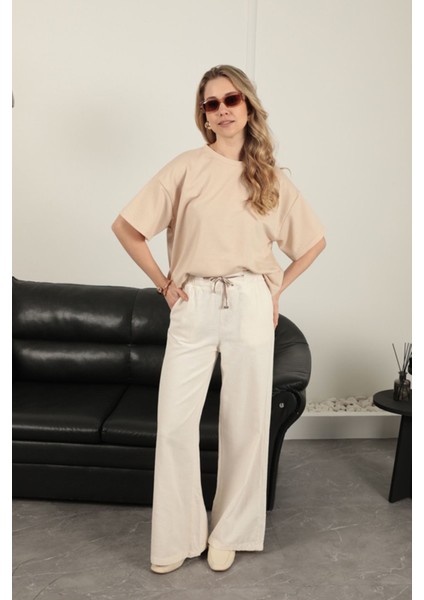 Sıfır Yaka Oversize Iki Iplik Tişört-Bej modelleri