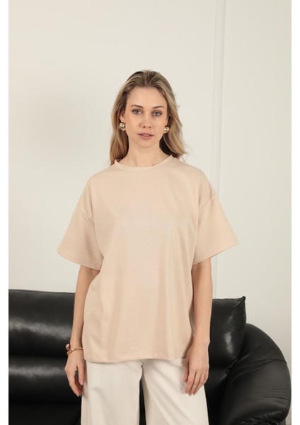 Sıfır Yaka Oversize Iki Iplik Tişört-Bej fırsatları